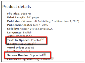 Product details highlighting that text-to-speech is enabled and screen reader is supported